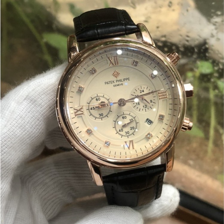(Bảo hành 12 tháng) Đồng hồ Nam Patek philippe dây da mềm, kính chống xước, thẻ bảo hành 12 tháng - Patek
