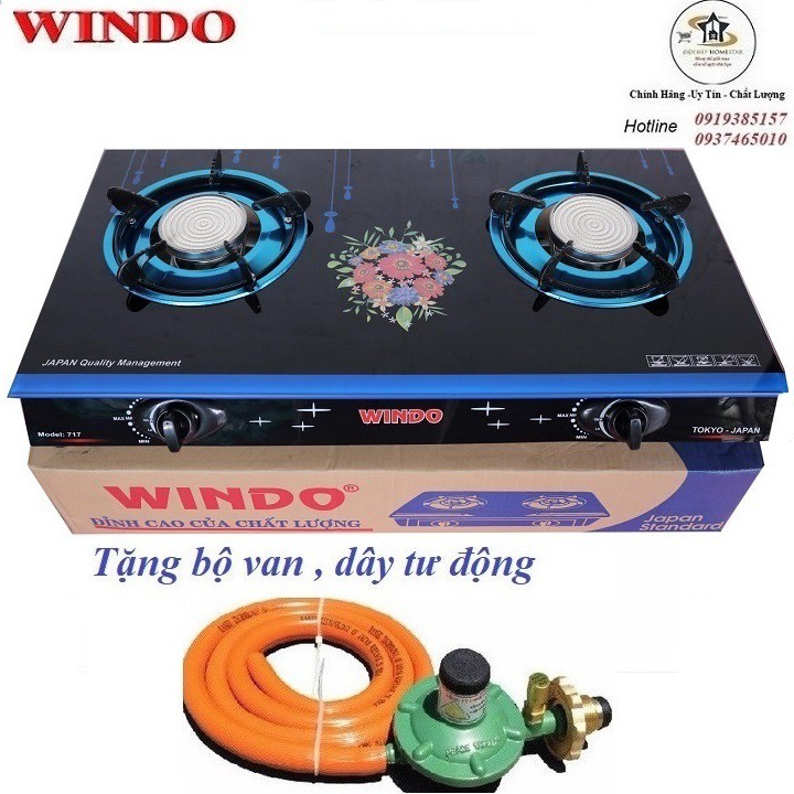 Bếp Gas đôi mặt kính hồng ngoại Windo Tặng bộ van dây 2 cổ dê (Màu Ngẫu Nhiên )