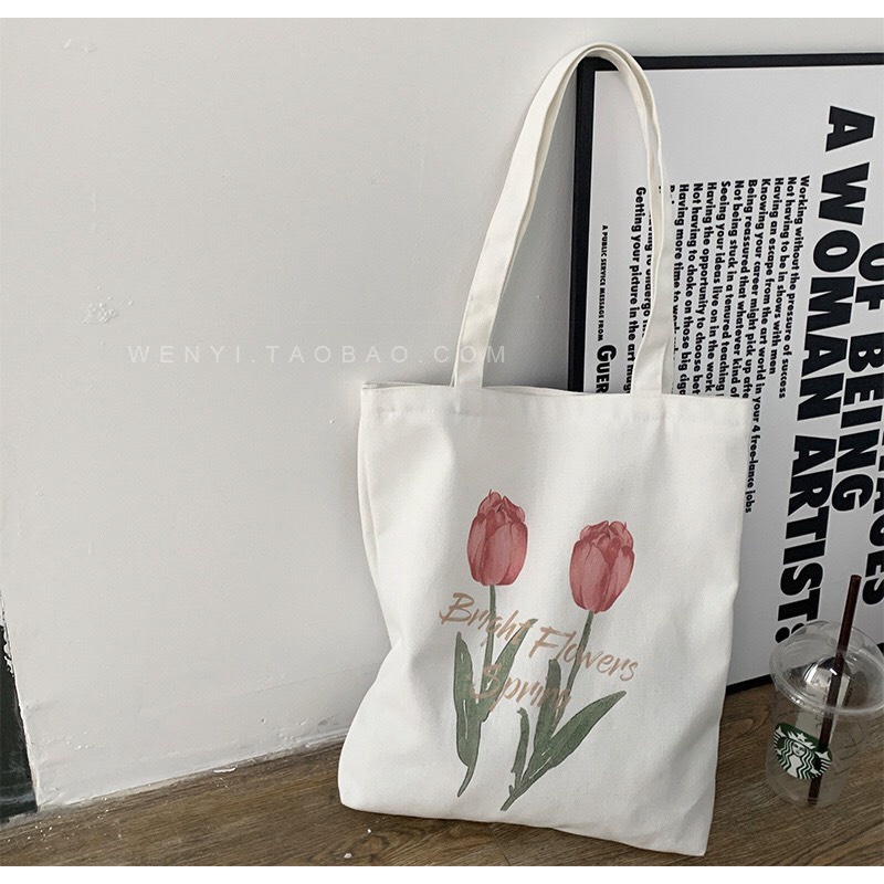 Túi Tote 2 Cành Hoa Tulip Xinh Xắn Có Khóa Kéo + Túi Phụ Style Ulzzang Hàn Quốc  MTT0113