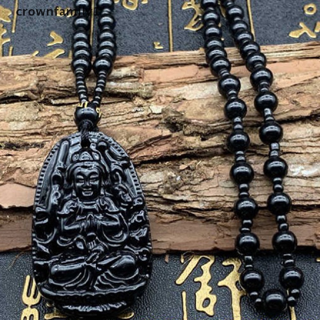 1 Vòng cổ Bùa May Mắn Mặt Phật Bằng Đá Obsidian Đen Tự Nhiên Khắc Họa Tiết crownfamily1