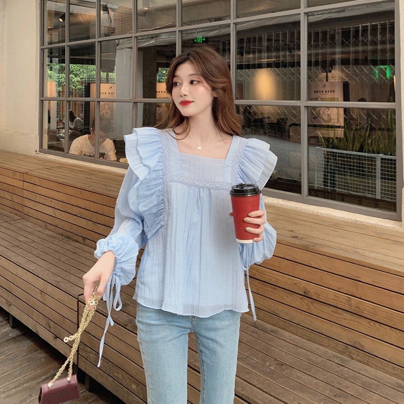 Áo sơ mi nữ vải voan cổ vuông phối bèo vai búp bê điệu đà Hàn Quốc