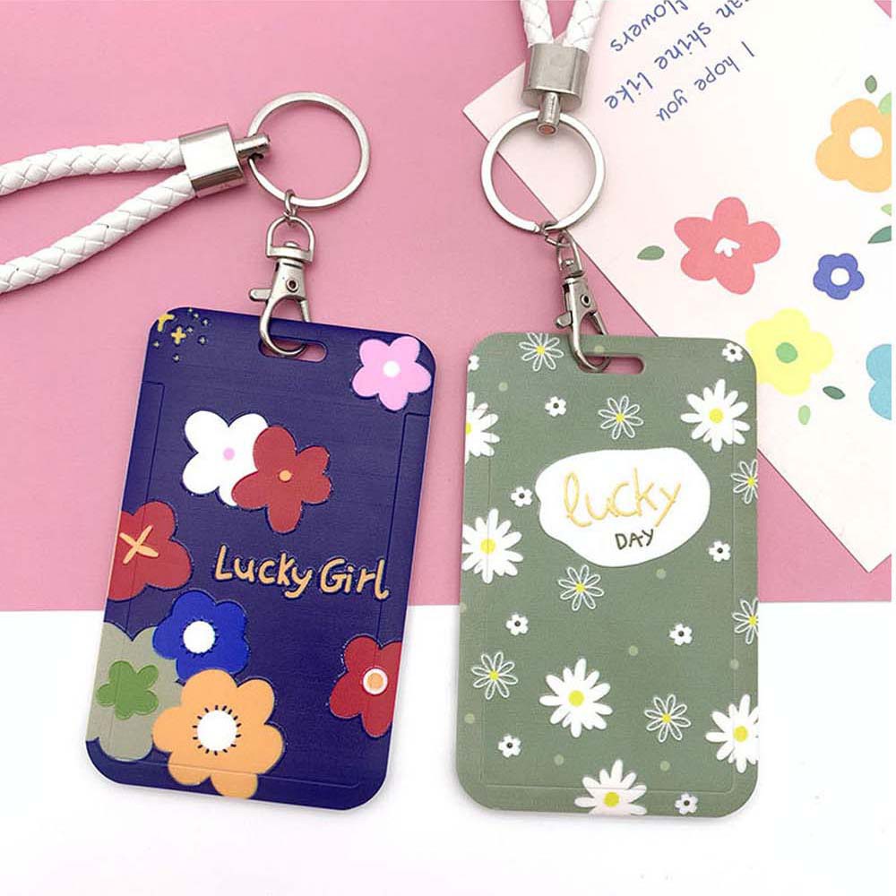Bao đựng thẻ căn cước/ thẻ tên cho văn phòng/ trường học mềm kiểu trượt họa tiết hoa kèm dây đeo dễ thương