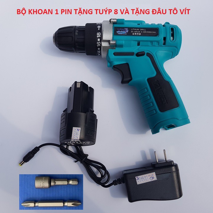 Máy Khoan Pin 12V Có 2 Tốc Độ, Có 2 Chiều Kiêm Vặn Vít Không Dây -Tặng Tuýp & Đầu Tô Vít Bảo Hành 6 Tháng