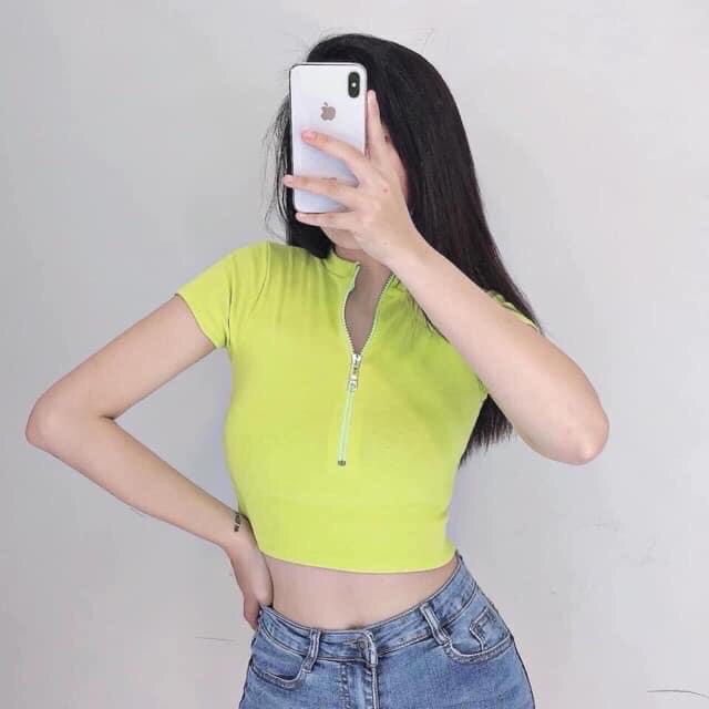 Áo croptop khoá kéo tay ngắn dáng ôm, áo thun croptop