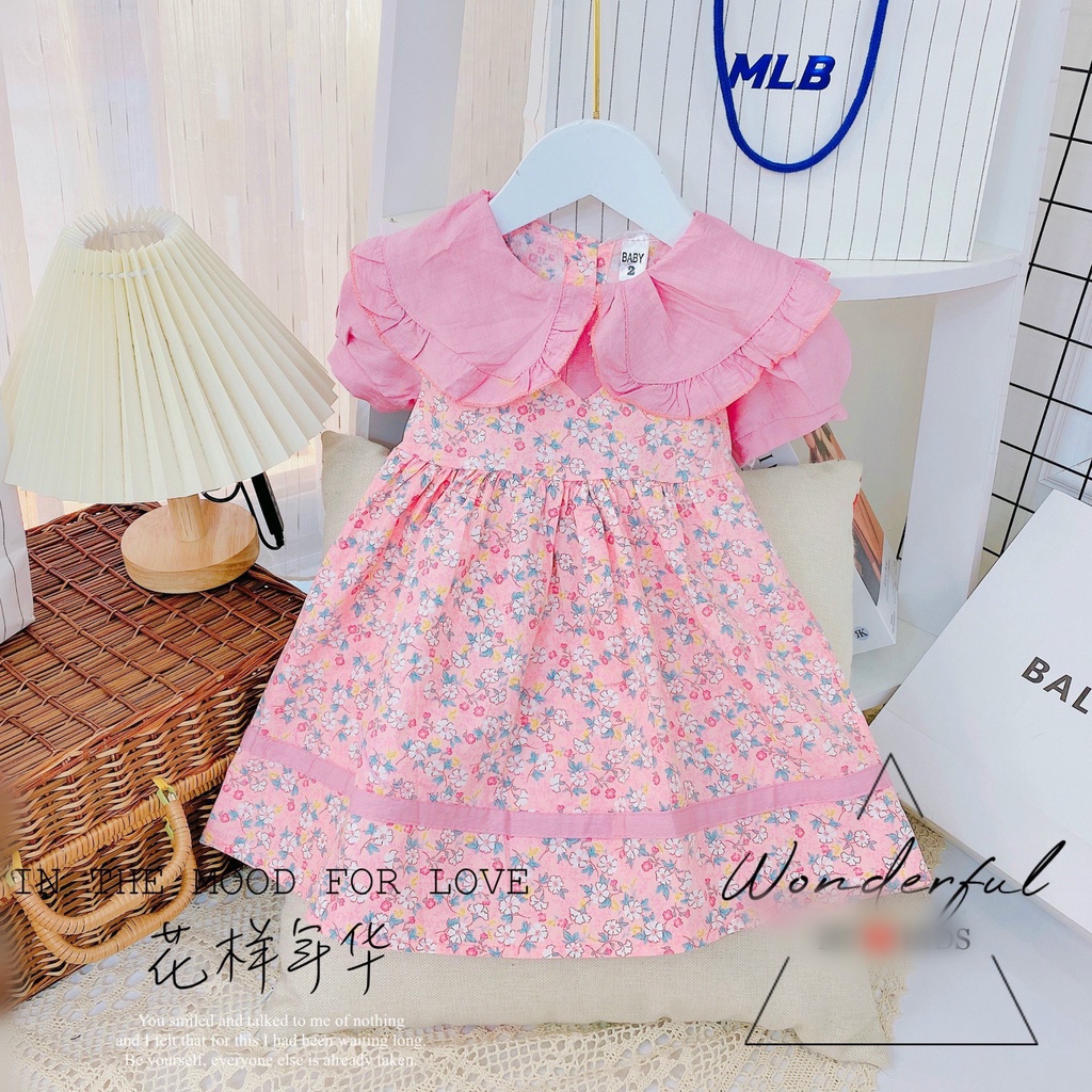 [V24] Váy Xòe Tay Bông Phối Ren Họa Tiết Hoa Cho Bé Gái Chất Vải Đũi Mịn Đủ Size Từ 8-18Kg VNXK Nhật-Hàn