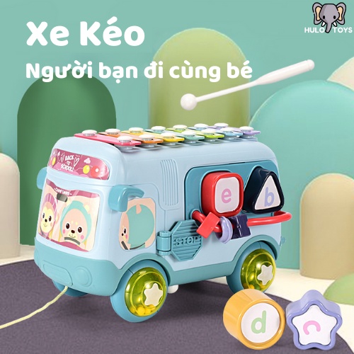 Đồ Chơi Ô Tô Đa Năng 5 Trong 1 Hulo Toys - Xe Bus Kéo Kết Hợp Đàn Gõ Piano, Xếp Hình Khối, Luồn Hạt, Xúc Xắc Cho Bé