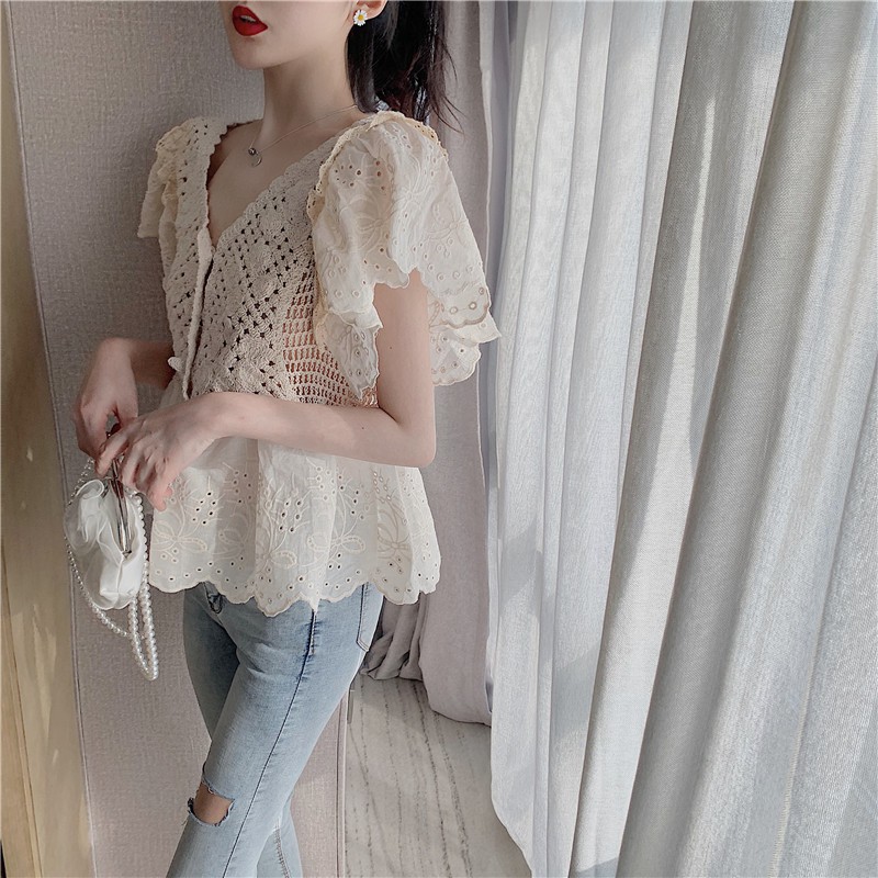 (CÓ SẴN) Áo nữ Phiên bản Hàn Quốc của crochet ren thêu hoa sen hàng rào V-cổ áo len rỗng áo nữ (Kèm ảnh thật)