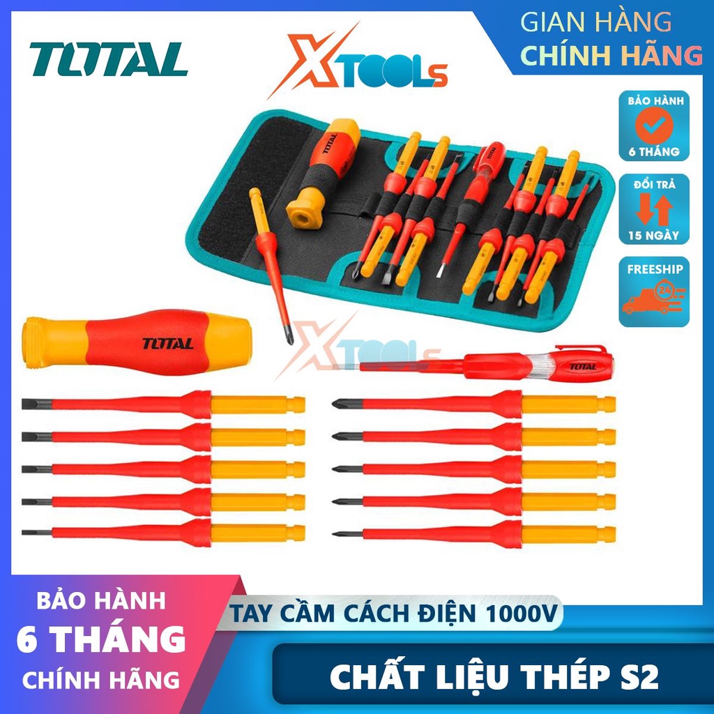 Bộ tua vít cách điện 1000v 12 chi tiết TOTAL THKISD1201, Bộ 12 tuốc nơ vít cách điện thay đổi đầu [CHÍNH HÃNG][XTOOLS]