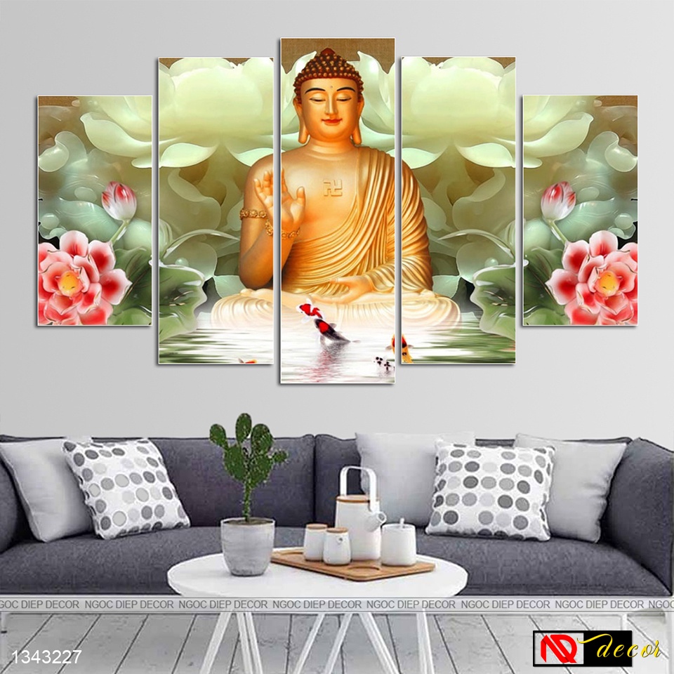 Bộ 5 tấm tranh dán tường Phật - Tranh decor chất liệu gỗ nhựa, kèm băng dính xốp