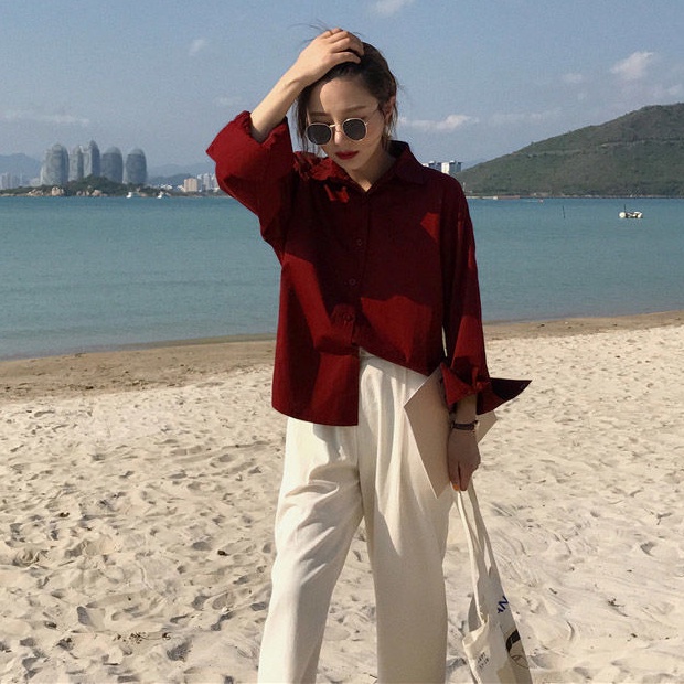 Áo Sơ Mi Tay Dài Dáng Rộng Plus Size Màu Trơn Phong Cách Hàn Quốc Thời Trang Cho Nữ