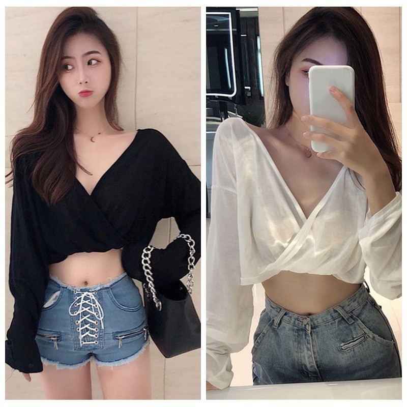 Áo Croptop tay dài thiết kế cổ chữ V quyến rũ