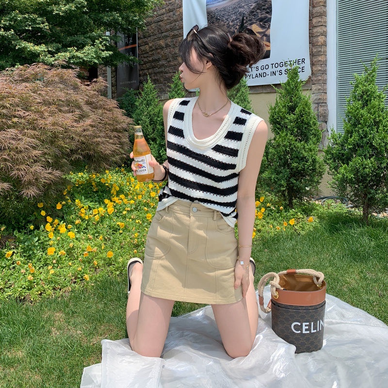 Áo kiểu IELGY sát nách dệt kim họa tiết kẻ sọc phong cách retro thời trang dành cho nữ