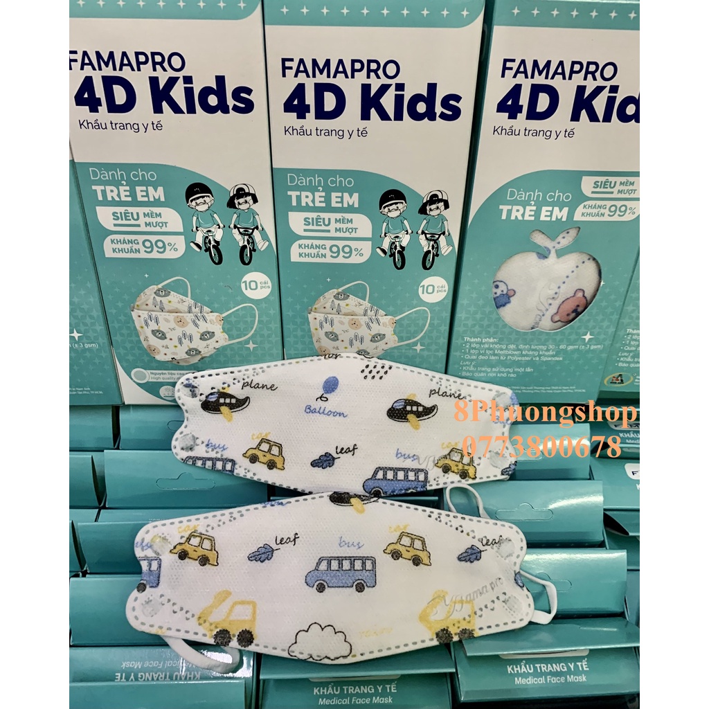 Khẩu trang cho bé 4D FAMAPRO IN HÌNH 10 cái/ Hộp - Khấu trang FAMAPRO 4D Kids 3 lớp kháng khuẩn in hình dễ thương