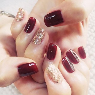 [Hàng mới về] Set 24 móng giả màu đỏ rượu ánh phối kim tuyến màu vàng quyến rũ thời trang