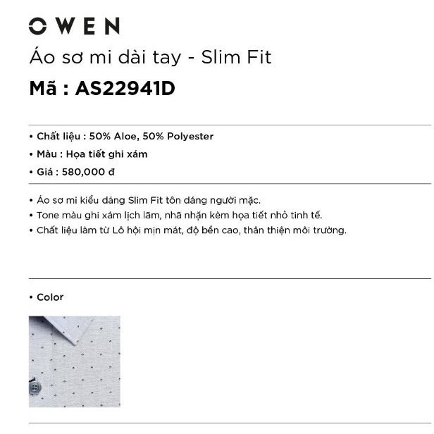 Áo Sơ Mi Nam Dài Tay Owen AS22941D Somi Công Sở Cao Cấp Màu Ghi Xám Chấm Bi Dáng Ôm Không Túi Chất Lô Hội Mềm Mát