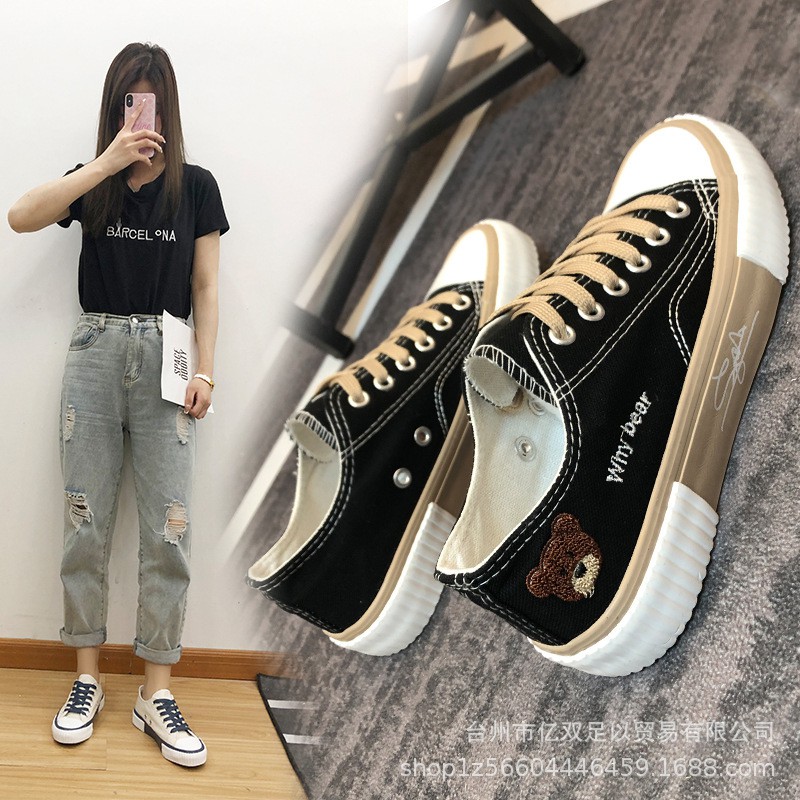 Giày cv cổ thấp hình gấu dáng thể thao bata nữ ulzzang full box, giày đế bằng vải canvas - SAGI ĐẶNG