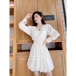 Đầm Xòe Trắng Cổ V - Váy Nữ Trắng Hở Lưng Tay Dài, Eo Cột Nơ KIểu Dáng Hiện Đại, Nữ Tính- Chất Vải Đẹp, Mát