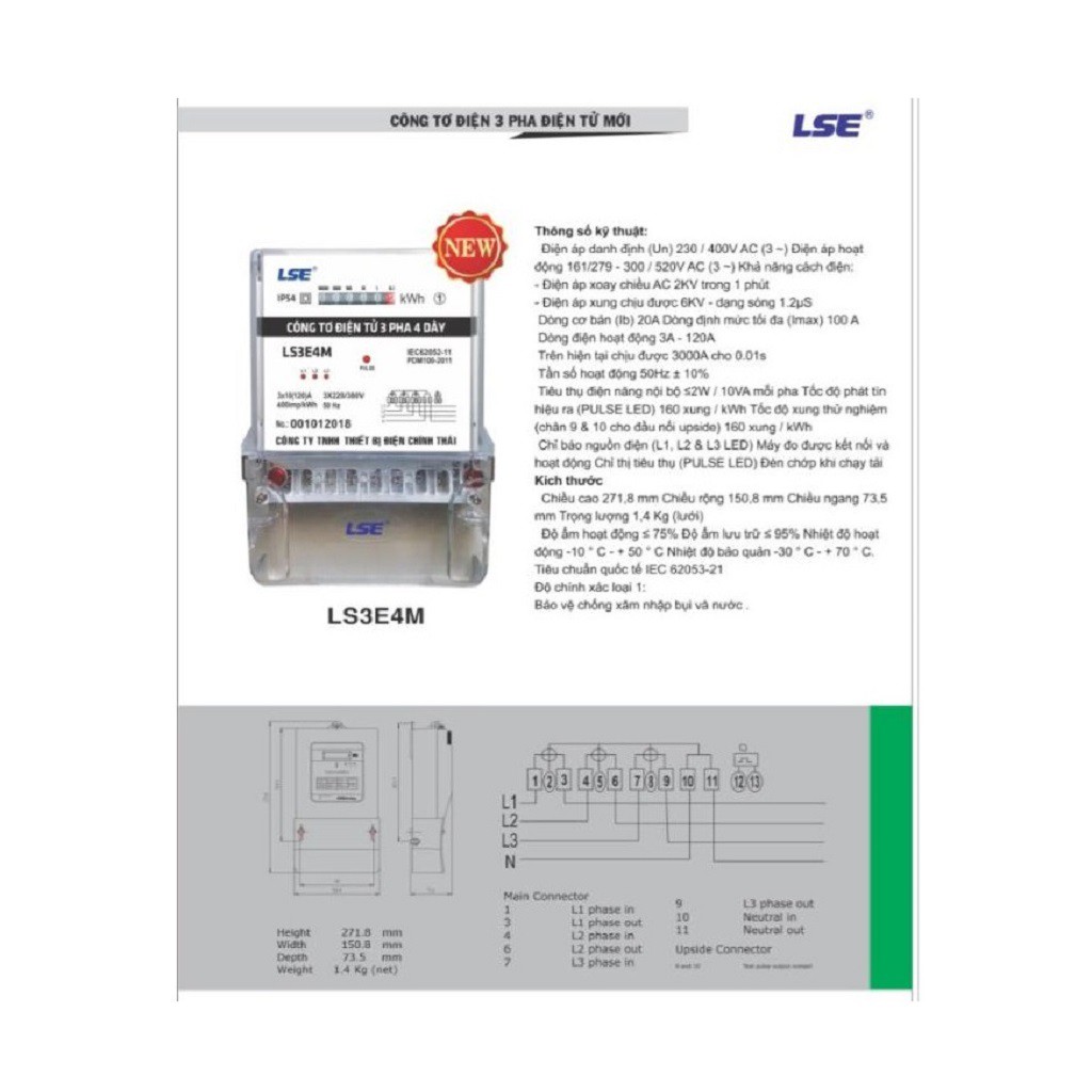 CÔNG TƠ ĐIỆN 3PHA LSE,ĐỒNG HỒ ĐO ĐIỆN 3PHA 4 DÂY KIỂU ĐIỆN TỬ MODEL:LS3E4M