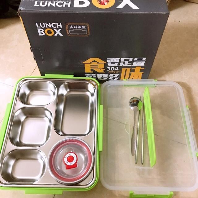 [TẶNG KHĂN LAU] Hộp Đựng Cơm 5 Ngăn Khay Inox Lunch Box Có Nắp Đậy Cao Cấp + Kèm Đũa Thìa + 1 Bát Con Có Nắp Tiện Dụng