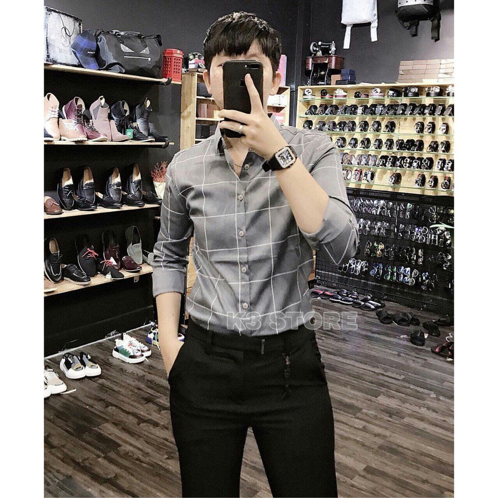 Aó sơ mi lụa nam kẻ ô phong cách lịch thiệp