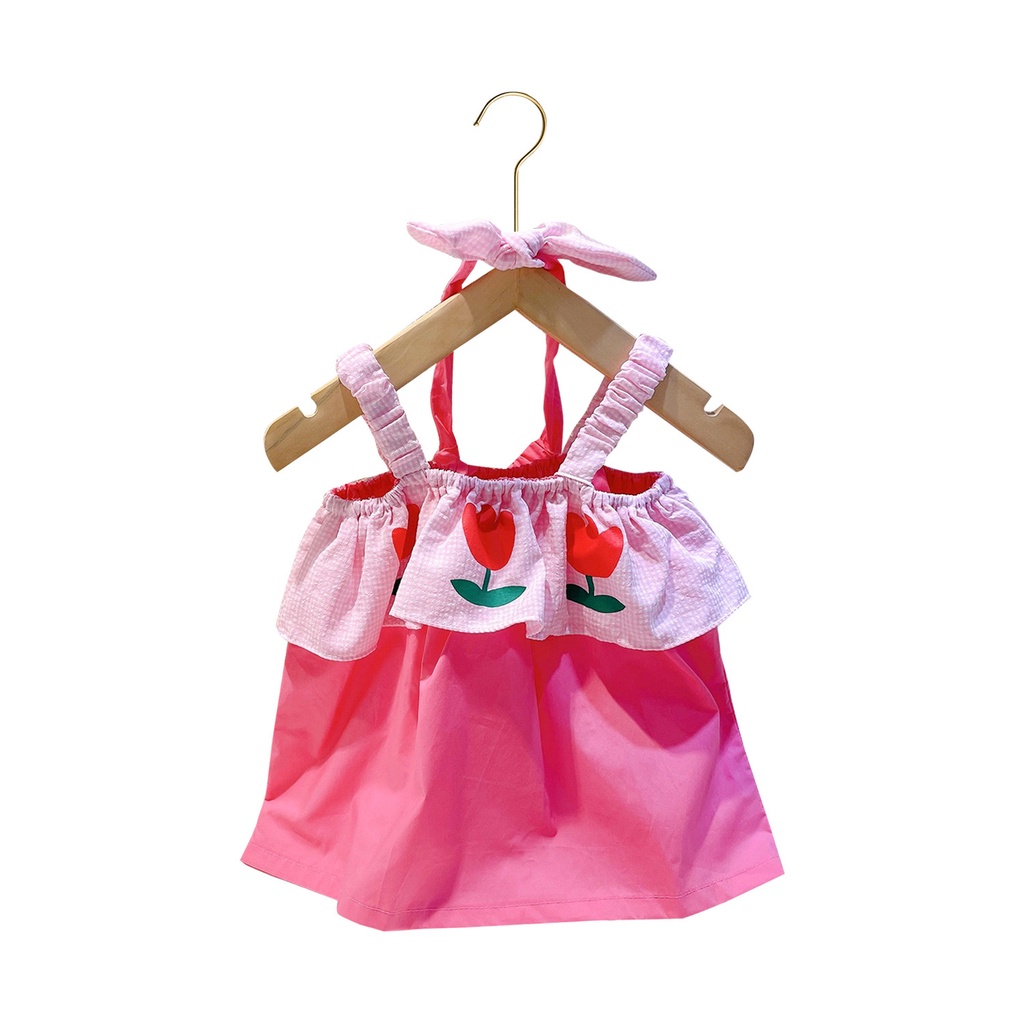 Trang Phục Chị Em Gái Hoa tulip Hàn Quốc Mới Với Hoa tulip Viền Sọc Caro Cho Mùa Hè