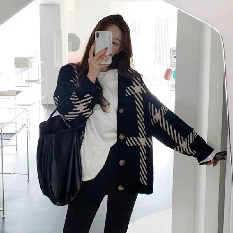 IELGY Áo Khoác cardigan Dệt Kim Dáng Rộng Họa Tiết Kẻ Sọc Màu Đen Đơn Giản Dễ Phối Đồ Cho Nữ