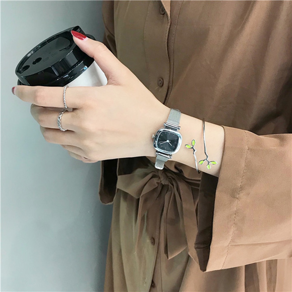 Đồng Hồ Analog Máy Quartz Mặt Vuông Dây Thép Tinh Tế Phong Cách Retro Hàn Quốc Cho Nữ