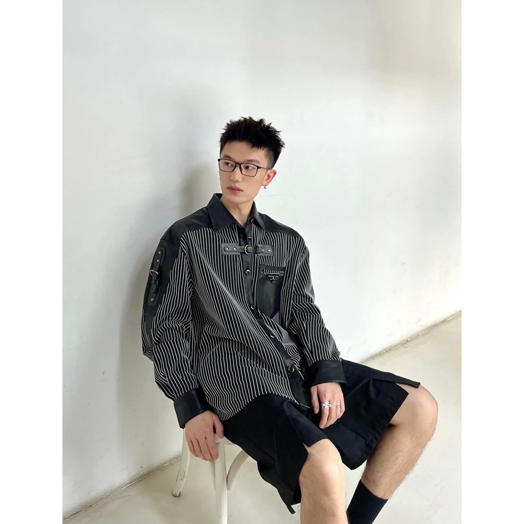 Áo sơ mi nam dài tay sọc đen trắng phối da NTC A089