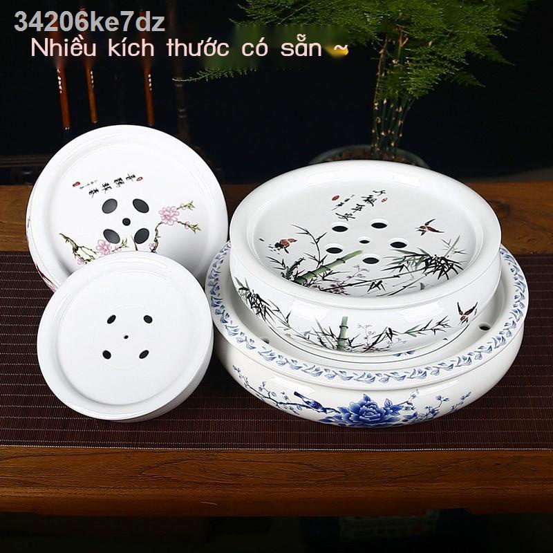 ❀▣Khay trà gốm sứ khay trà thuyền tròn bàn trà ghế trà xanh trắng sứ kung fu bộ trà khay trà đựng nư