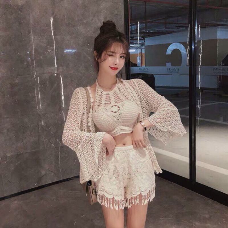 Bikini Len Đi Biển, Set Ren 3 Món Quảng Châu Dạng Yếm Trơn Vivi Shop [Có Tách Lẻ] [Kèm Ảnh Thật] | BigBuy360 - bigbuy360.vn
