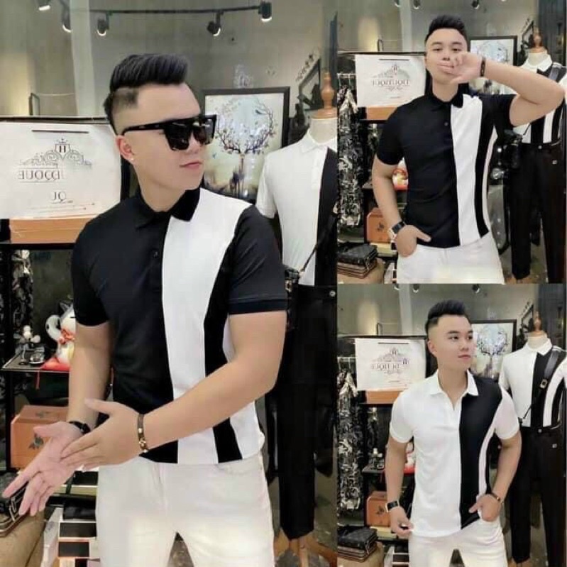 Áo polo thời trang nam có hoạ tiết phối mầu bắt mắt, Áo cộc tay mùa hè phong cách hàn quốc cotton btshop từ 45 đến 75 kg