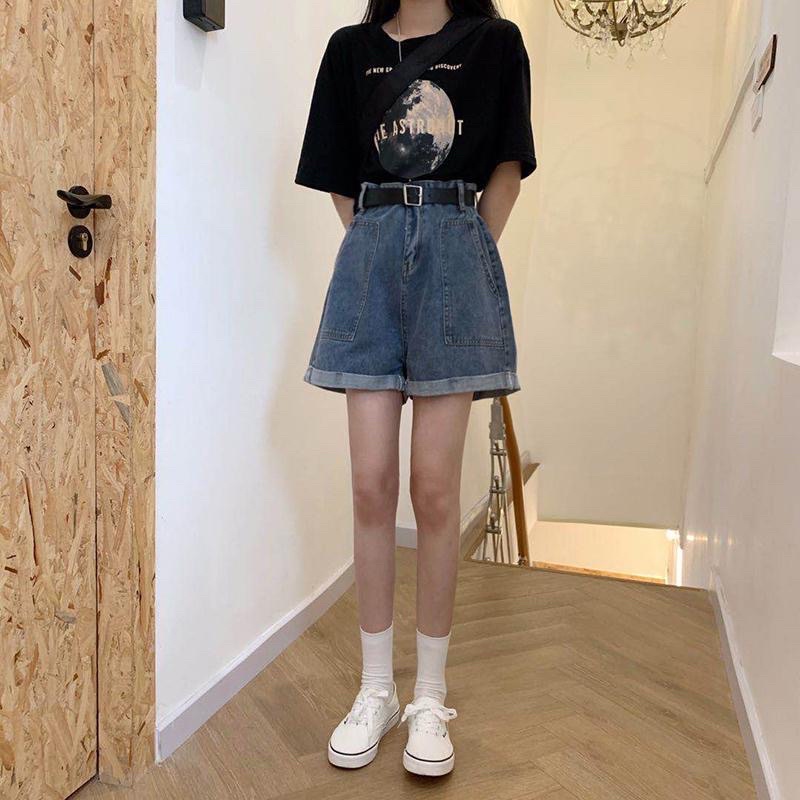 Quần Đùi Jeans Nữ Màu Xanh Có Túi Hai Bên Một Cúc, Quần Short Denim Dáng Ngắn Ống Rộng Phong Cách Ulzzang Loại 1