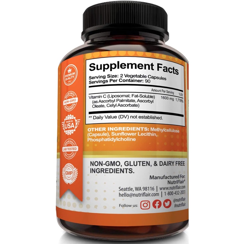 NutriFlair Liposomal Vitamin C 1600mg 180 viên date 07.2026