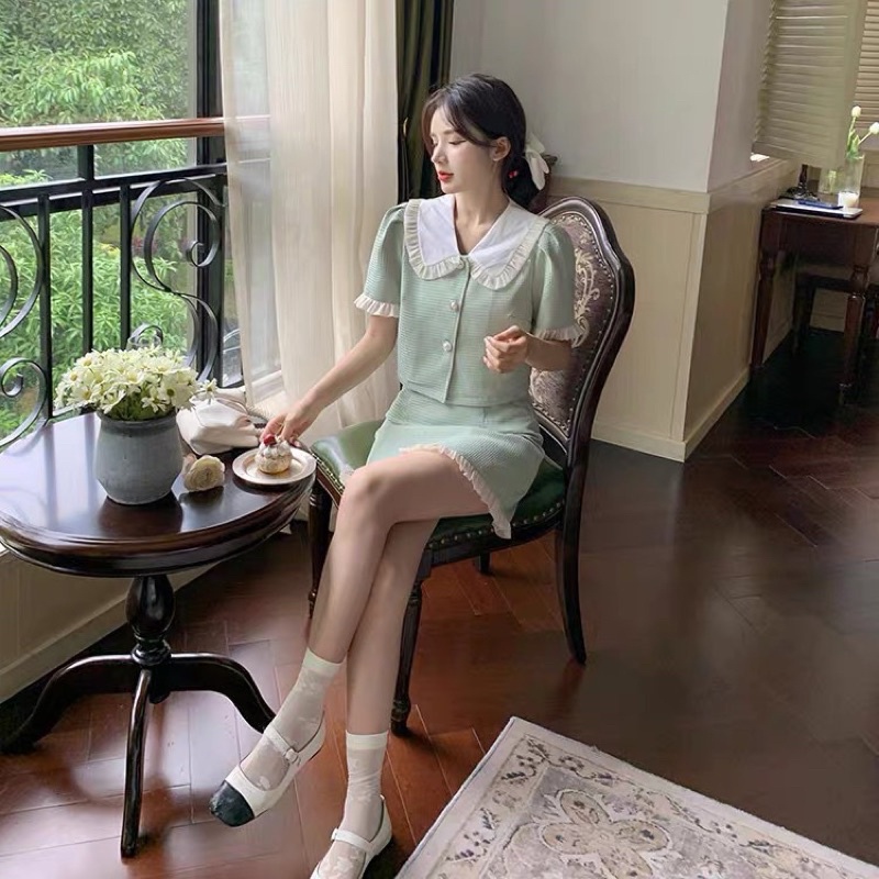 SET xanh Ngọc Cổ Sen mix chân váy ren trắng