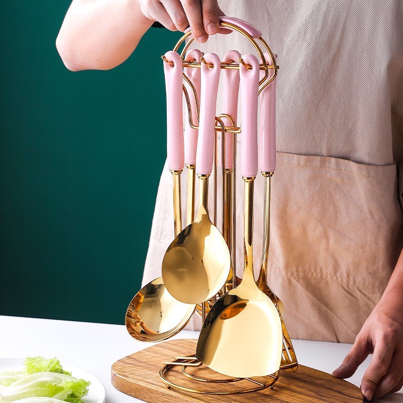 Bộ muôi 6 món kèm giá treo sang trọng - 3 màu trắng, hồng, xanh cổ vịt
