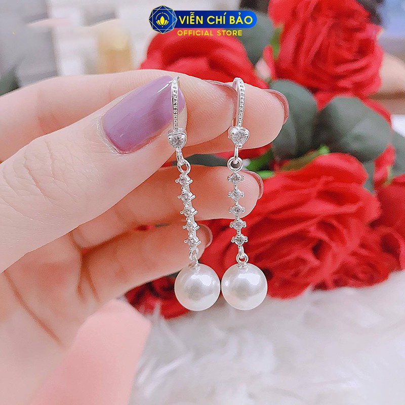 Bông tai bạc nữ Trái châu dạng thả đính đá chất liệu bạc 925 phụ kiện trang sức Viễn Chí Bảo B400150