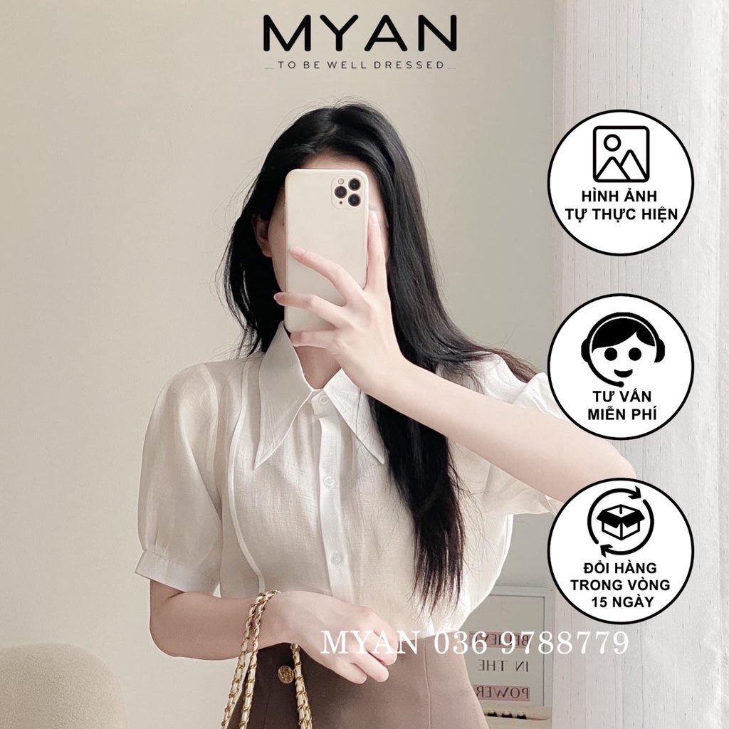 Áo Sơ Mi Nữ Ngắn Tay Voan Tơ Cổ Nhọn Màu Trơn Phong Cách Công Sở (Trắng, Xanh, Bơ, Nâu) MYAN - A072206