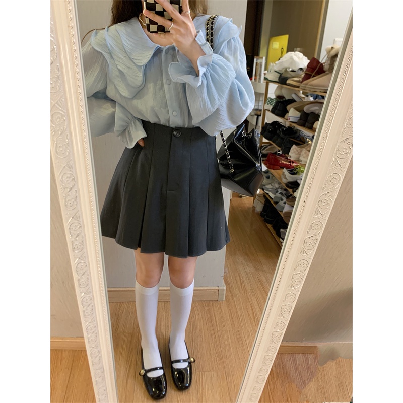 Áo sơ mi XIAOZHAINV dài tay dáng rộng màu xanh dương phong cách Pháp thời trang cho nữ