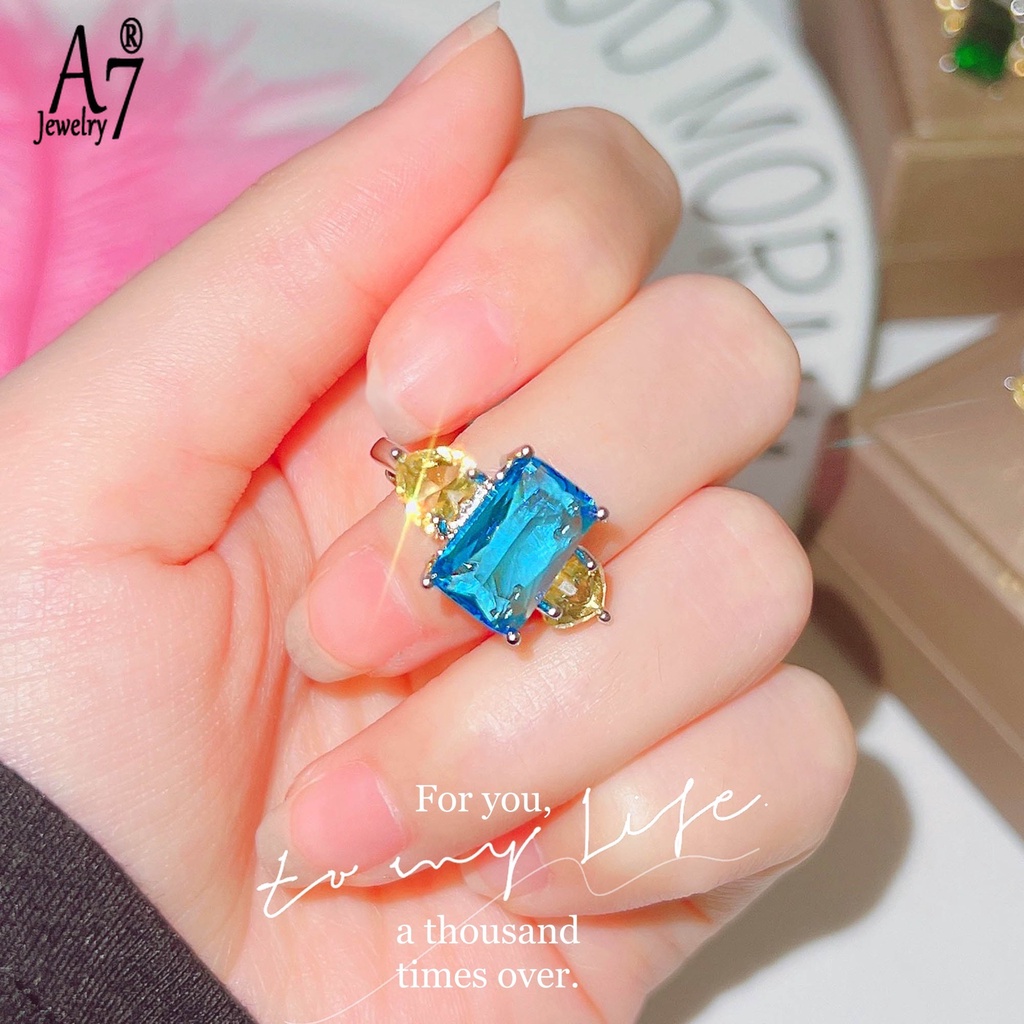 Nhẫn Đính Đá A7 Màu Hồng/Xanh Ngọc Lục Bảo/Vàng/Hồng Hình Vuông Đính Đá Zircon Màu Xanh Dương/Hồng Cho Nữ