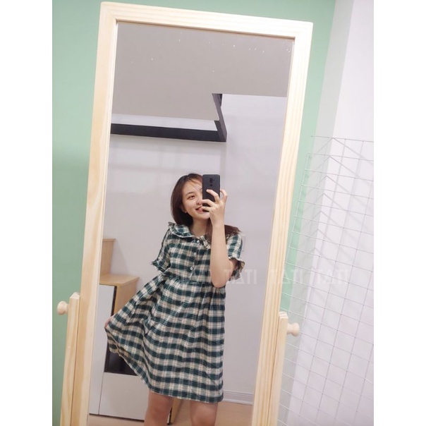 Váy babydoll sọc caro xanh trắng