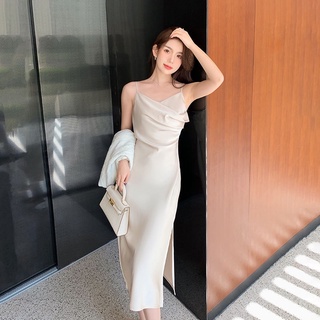 SẴN🖤Đầm tiểu thư maxi lụa satin cổ đổ xẻ tà sexy dự tiệc quyến rũ
