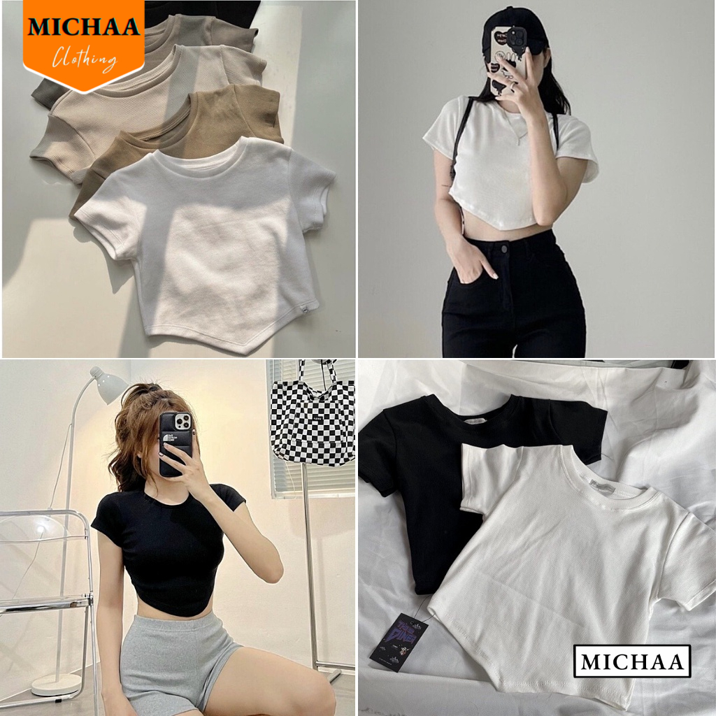 Áo Croptop CỔ TRÒN VẠT NHỌN Ngắn Tay Nữ Phong Cách Thể Thao Basic Chất Thun Gân - MICHAA CR41