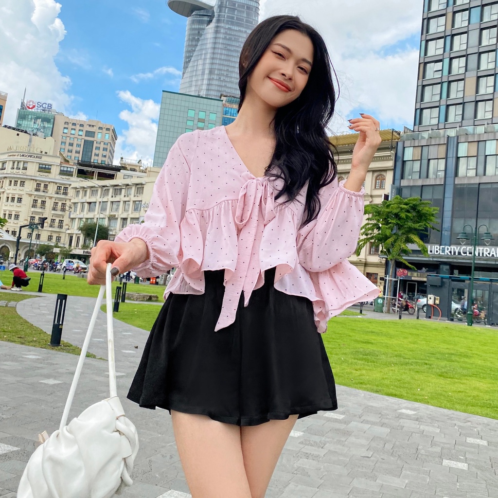 Áo babydoll chất voan hoa nhí cute cột nơ ngực MIEU - HN27