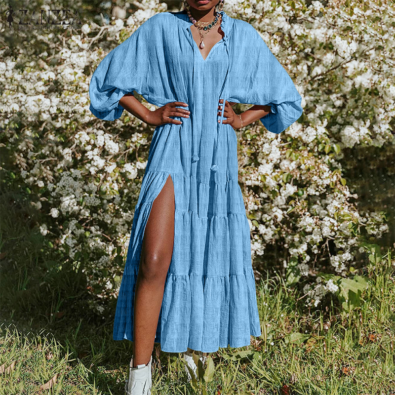 Đầm Maxi ZANZEA Cổ Chữ V Tay Phồng Xẻ Tà | BigBuy360 - bigbuy360.vn