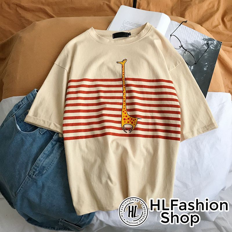 Áo thun tay lỡ form rộng sọc huơu cao cổ kute phô mai, áo phông in HLFashion