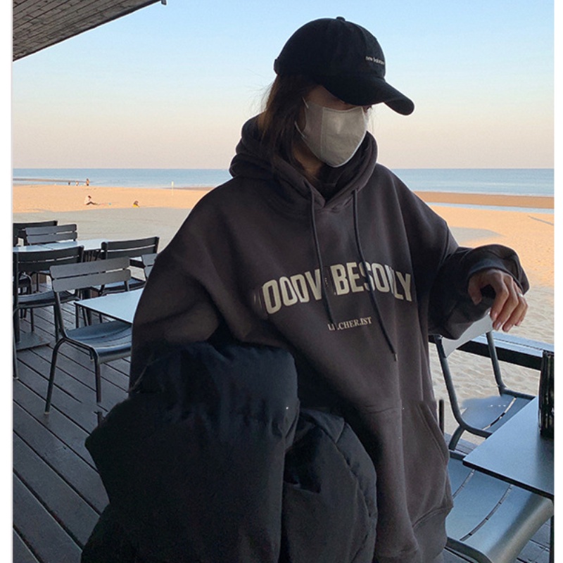 Áo Hoodies Tay Dài Hoạ Tiết Chữ In Phong Cách Hàn Quốc