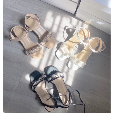 Sandal thổ cẩm đính ngọc gót vuông 3cm tag vàng sang chảnh mã QH18
