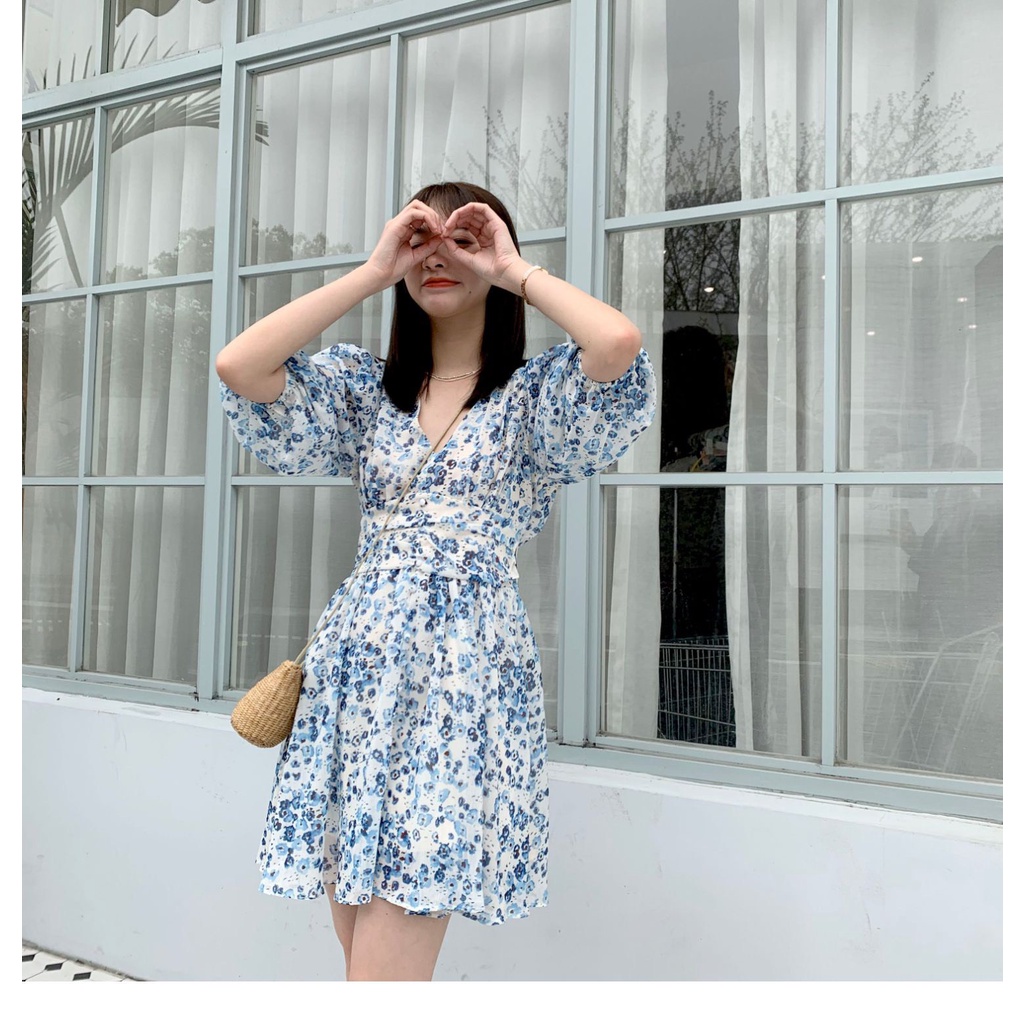 Bitan Dress - Đầm hoa xanh nút bọc