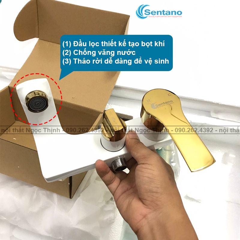 Sen Cây Tắm Nóng Lạnh Đồng Thau sơn Nano Tĩnh điện Trắng Sứ Nhũ Vàng SENTANO STN122 (thay đổi được chiều cao)