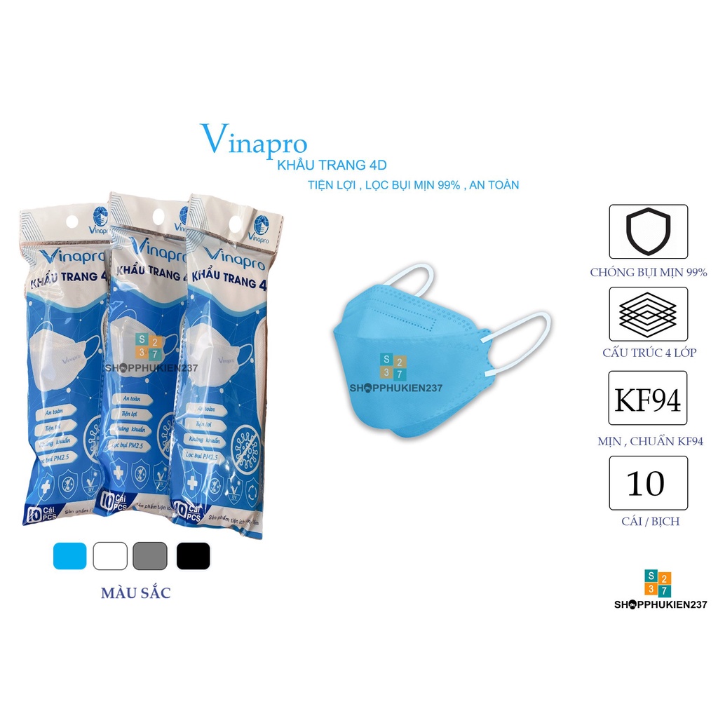 Combo 50 Cái Khẩu Trang KF94 Vinapro Hàng 4 Lớp Bịch 10 Cái